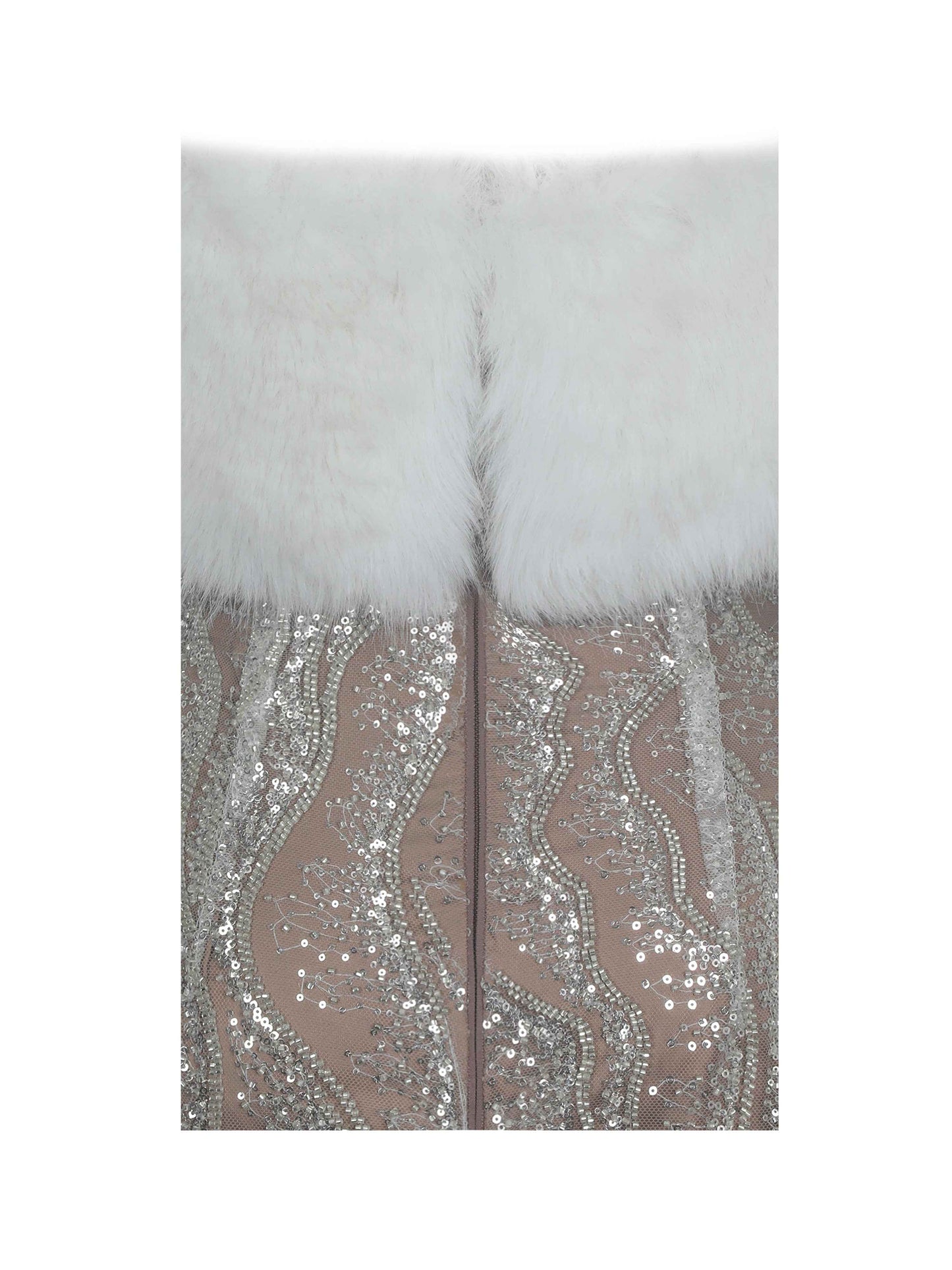 Averie White Fur Off-Shoulder Beige Sequin Mini Dress