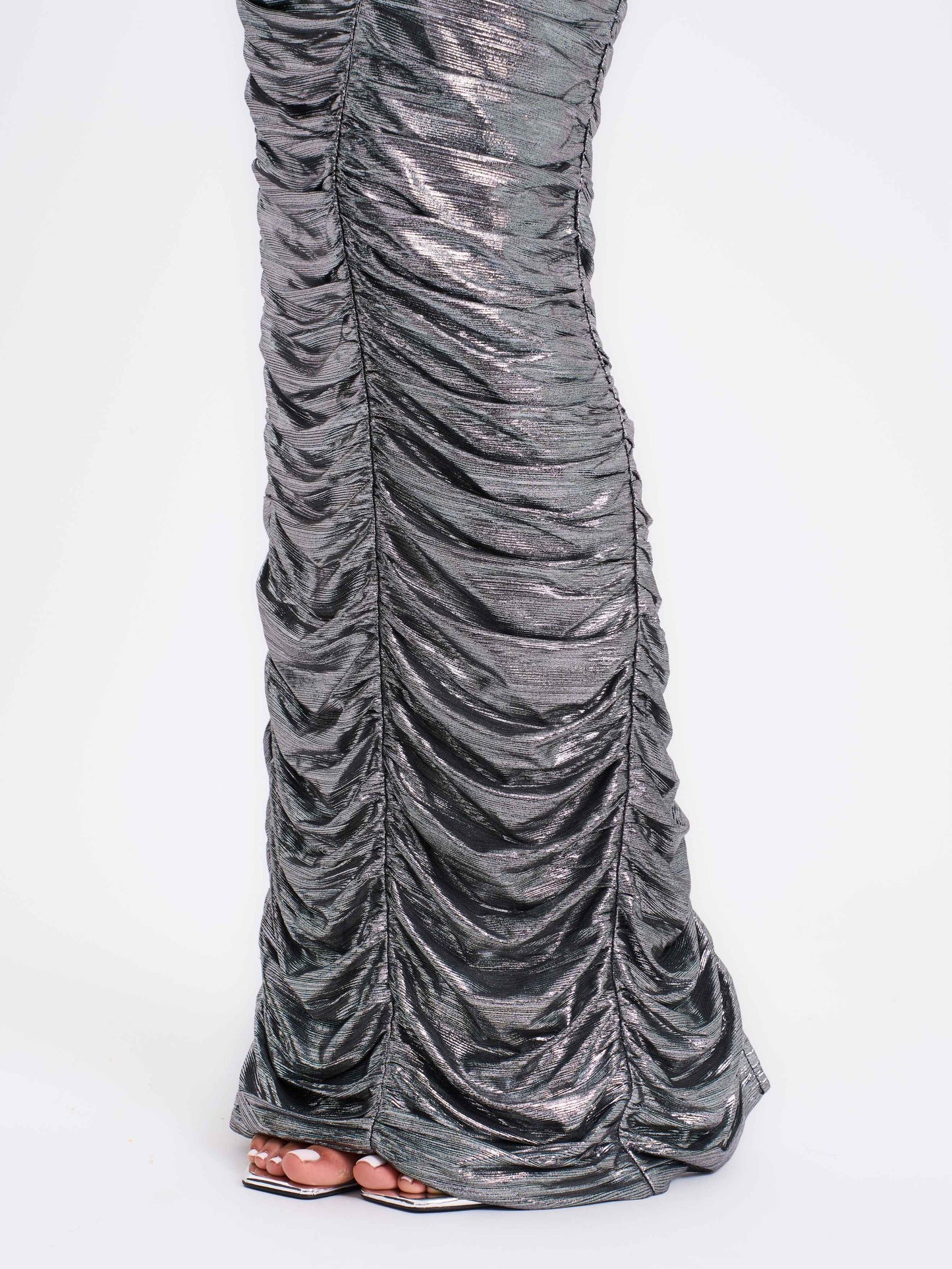 Abril Ruched Silver Glitter Backless Gown