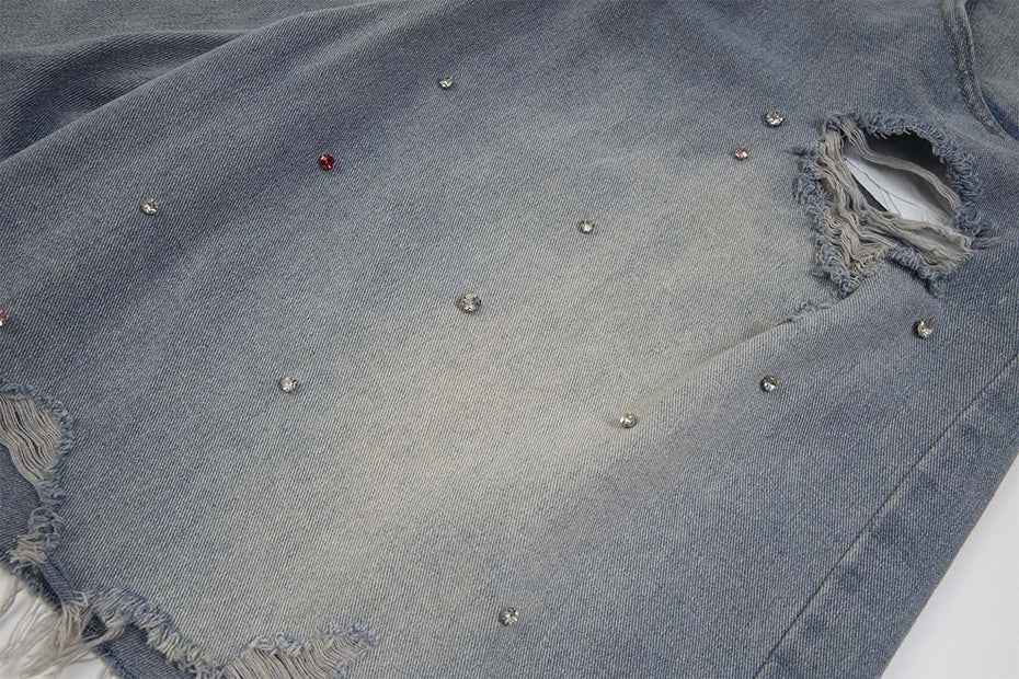 Rhinestone Denim Ripped Shorts