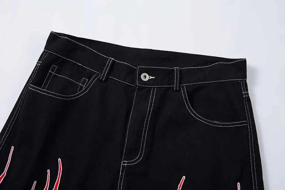 Flame Embroidery Straight Leg Pants