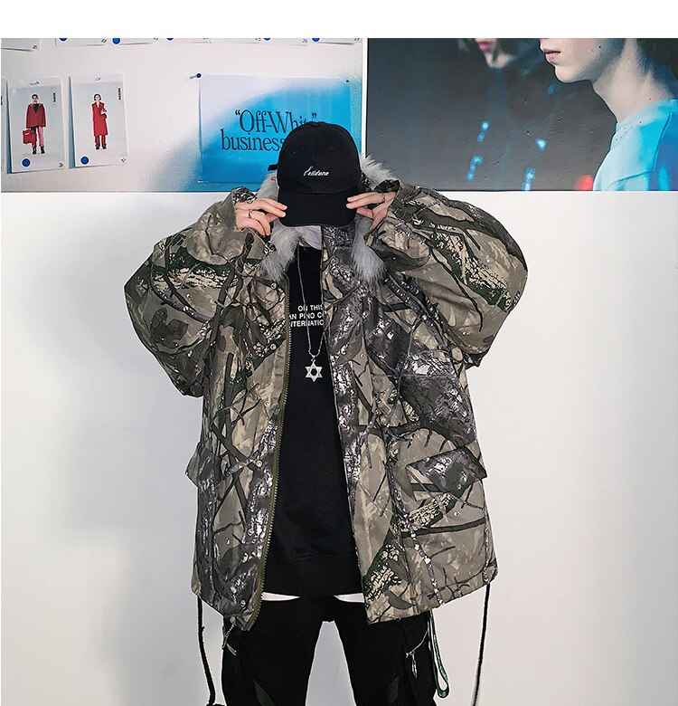 Branches Printing With Fur Collar Jacket
