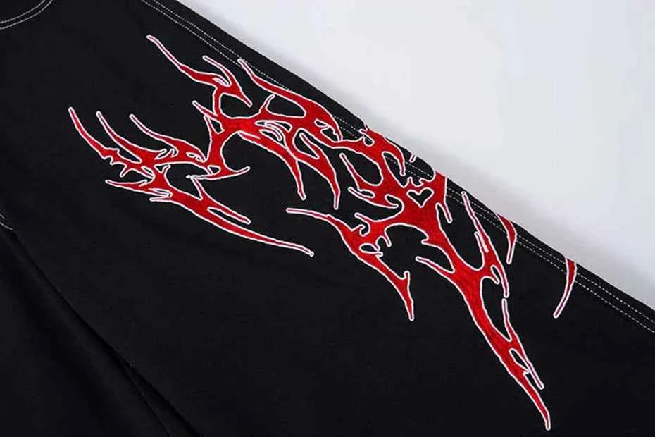 Flame Embroidery Straight Leg Pants