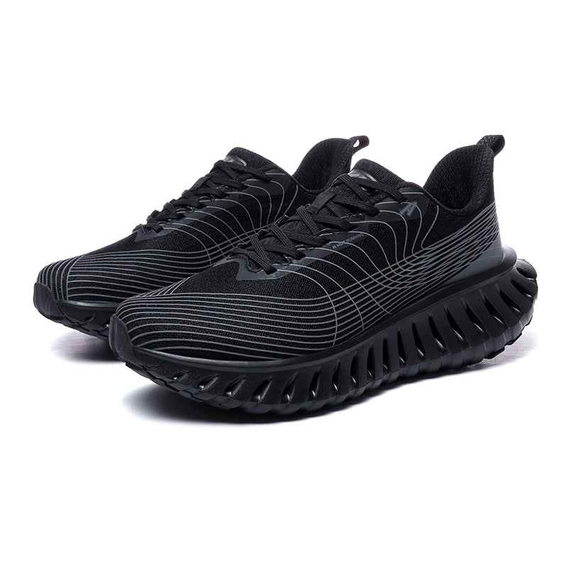 Swag Chic black sneakers with futuristic sole design and striped pattern for modern style