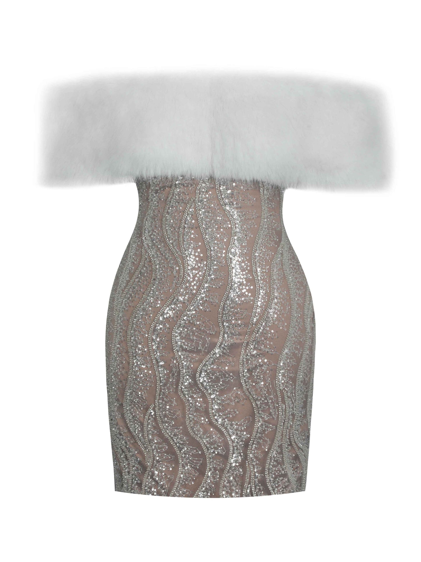 Averie White Fur Off-Shoulder Beige Sequin Mini Dress