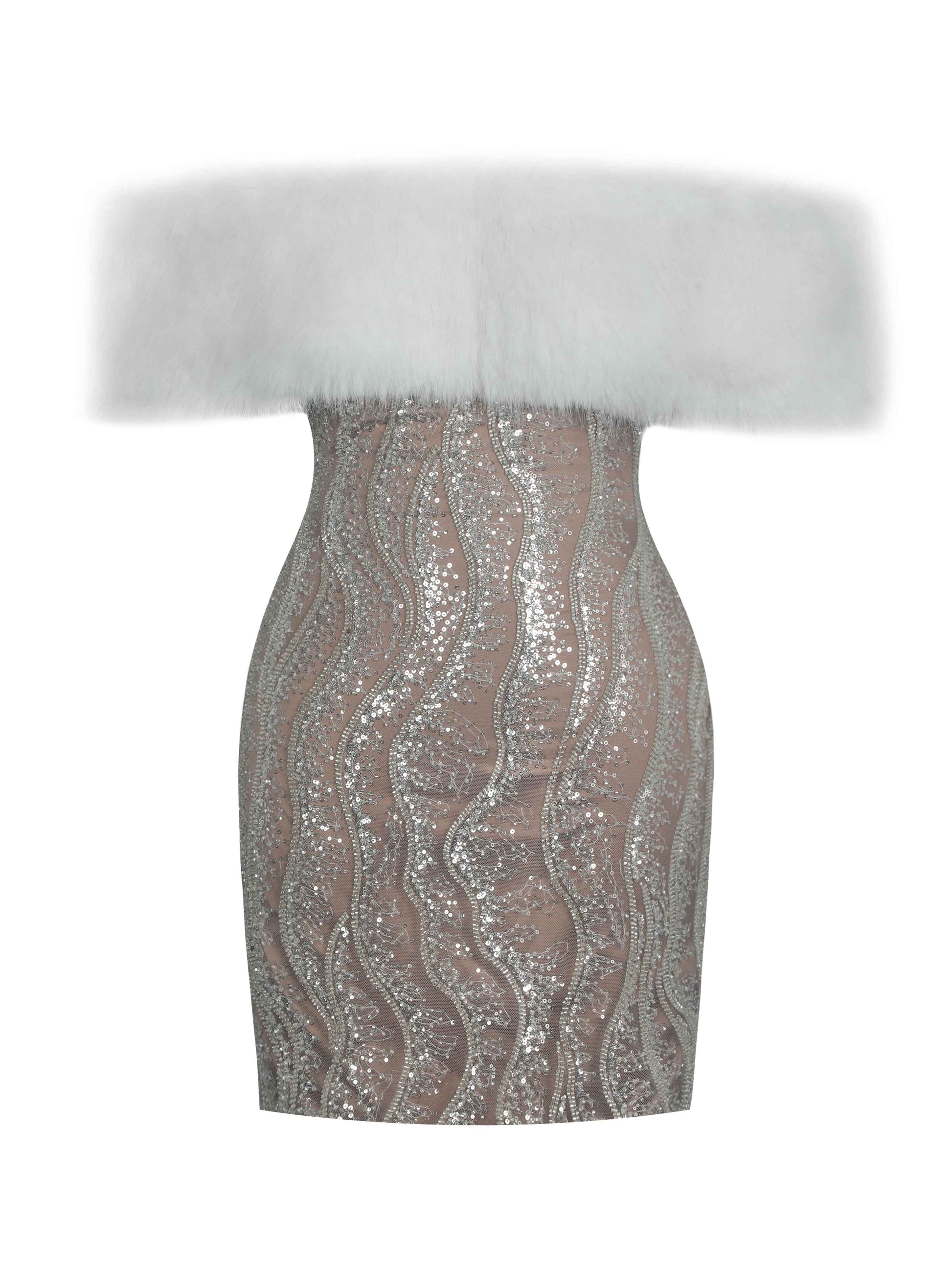Averie White Fur Off-Shoulder Beige Sequin Mini Dress