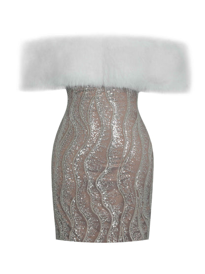 Averie White Fur Off-Shoulder Beige Sequin Mini Dress