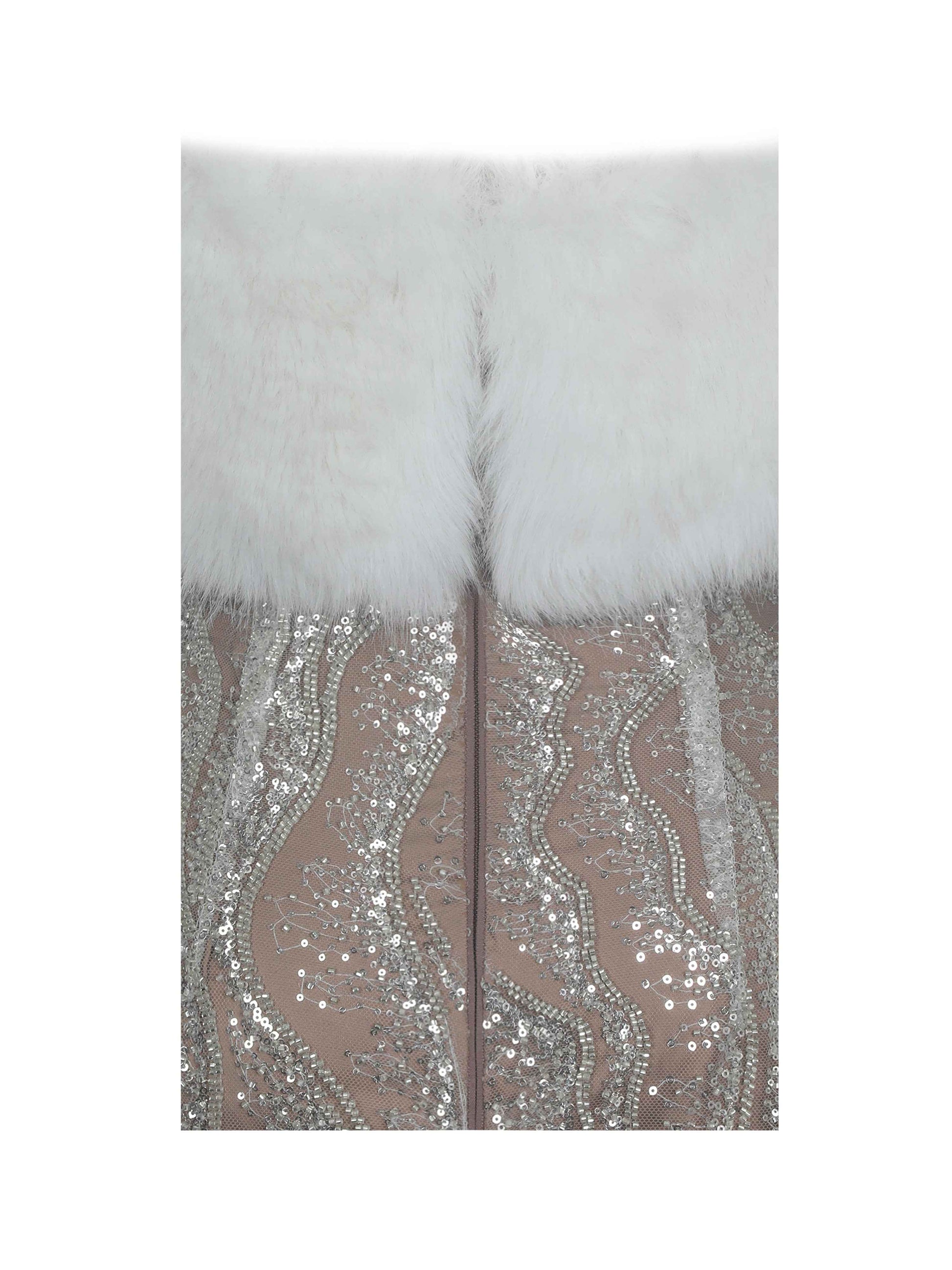 Averie White Fur Off-Shoulder Beige Sequin Mini Dress