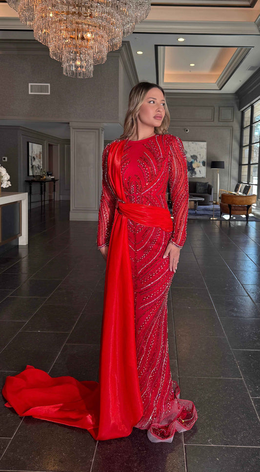 Ruba Sequin Modest Neckline with Long Side Organza Side Skirt