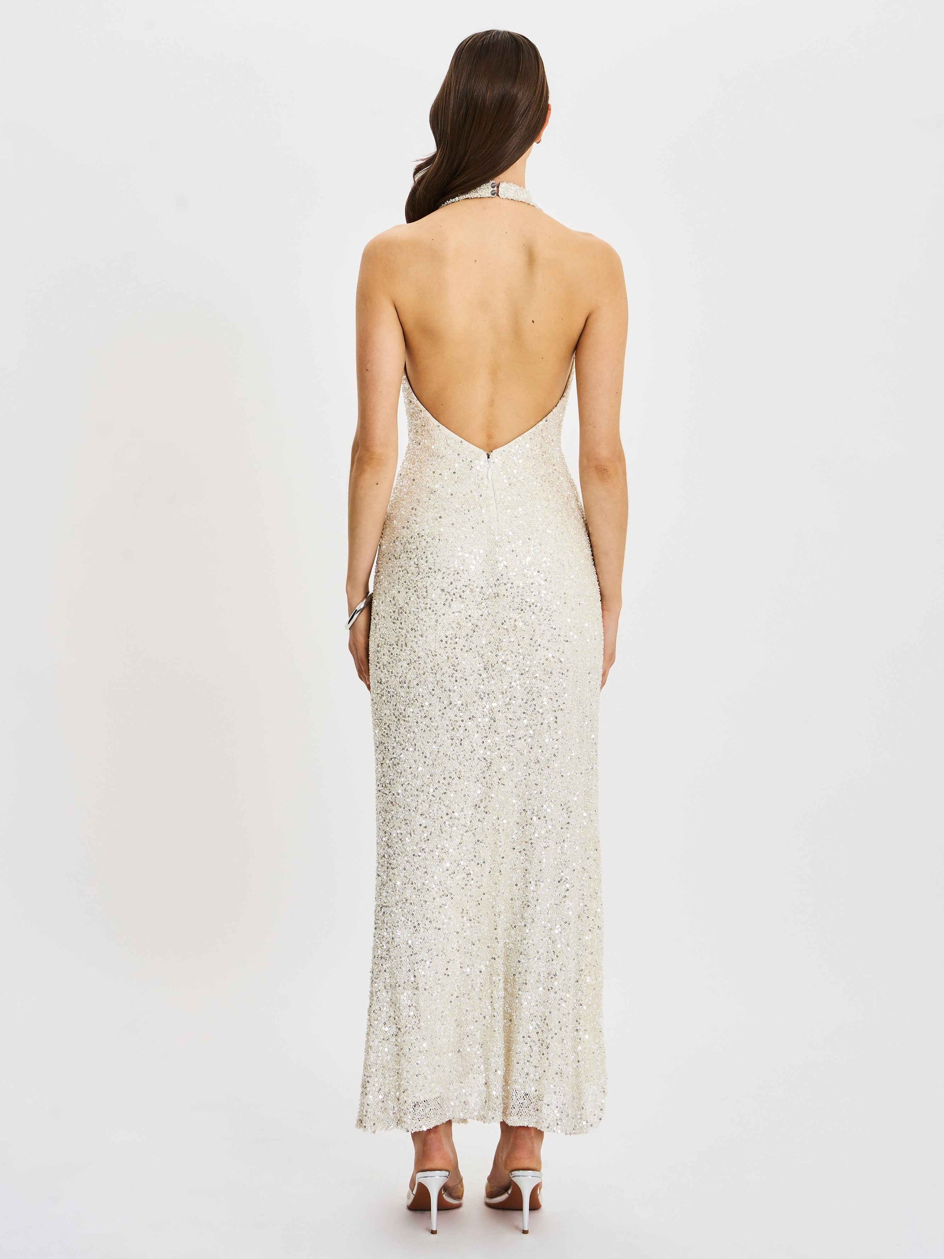 Niamh Golden Beaded Cowl Halter Backless Maxi Dress