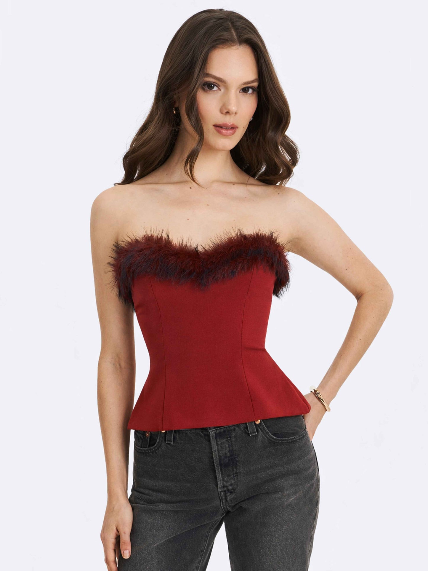 Ivette Crimson Fur-Trimmed Peplum Top
