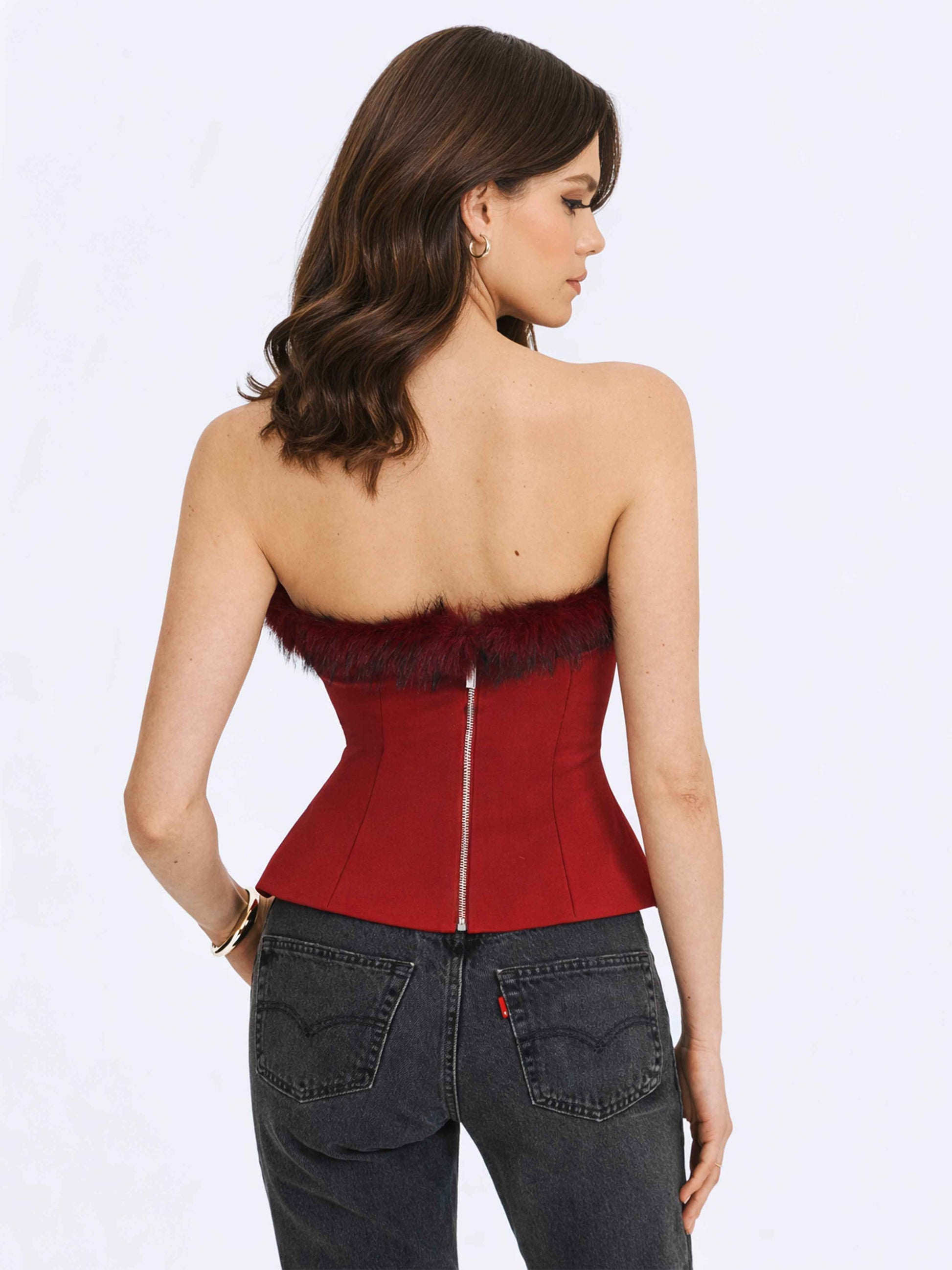 Ivette Crimson Fur-Trimmed Peplum Top