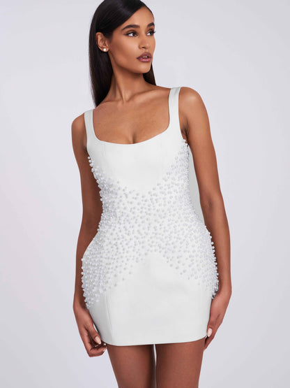 Tais Pearl Beaded Cocoon Shape Sleeveless Mini Dress