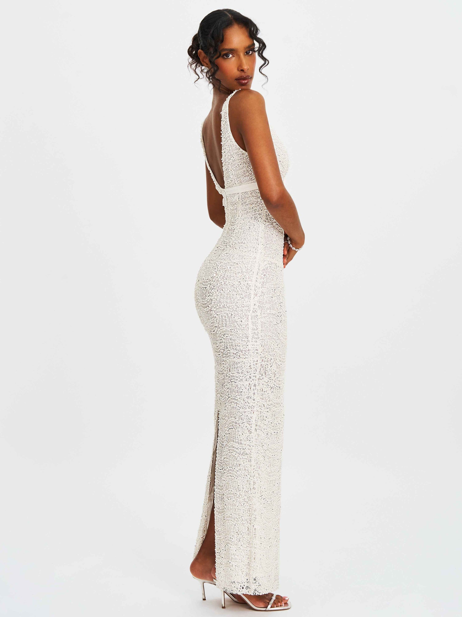 Adelaide White Beaded Sequin Net Bodycon Gown