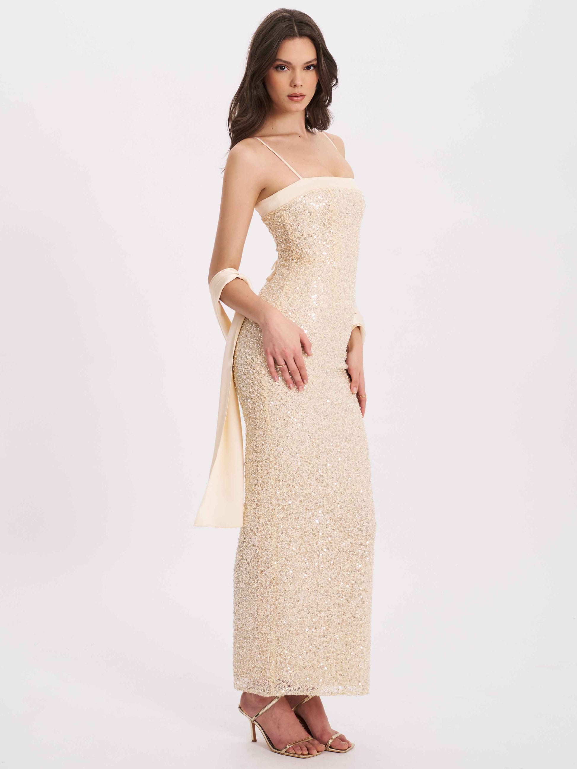 Raizel Gold Beaded Sequin Bodycon Gown with Scarf