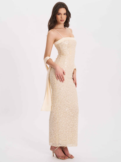 Raizel Gold Beaded Sequin Bodycon Gown with Scarf