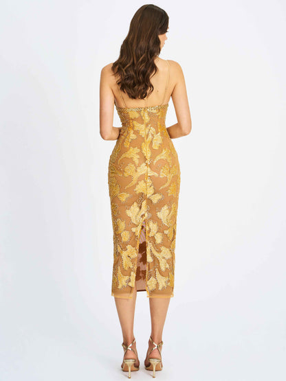 Edie Gold Beaded Sequin Midi Pencil Dress