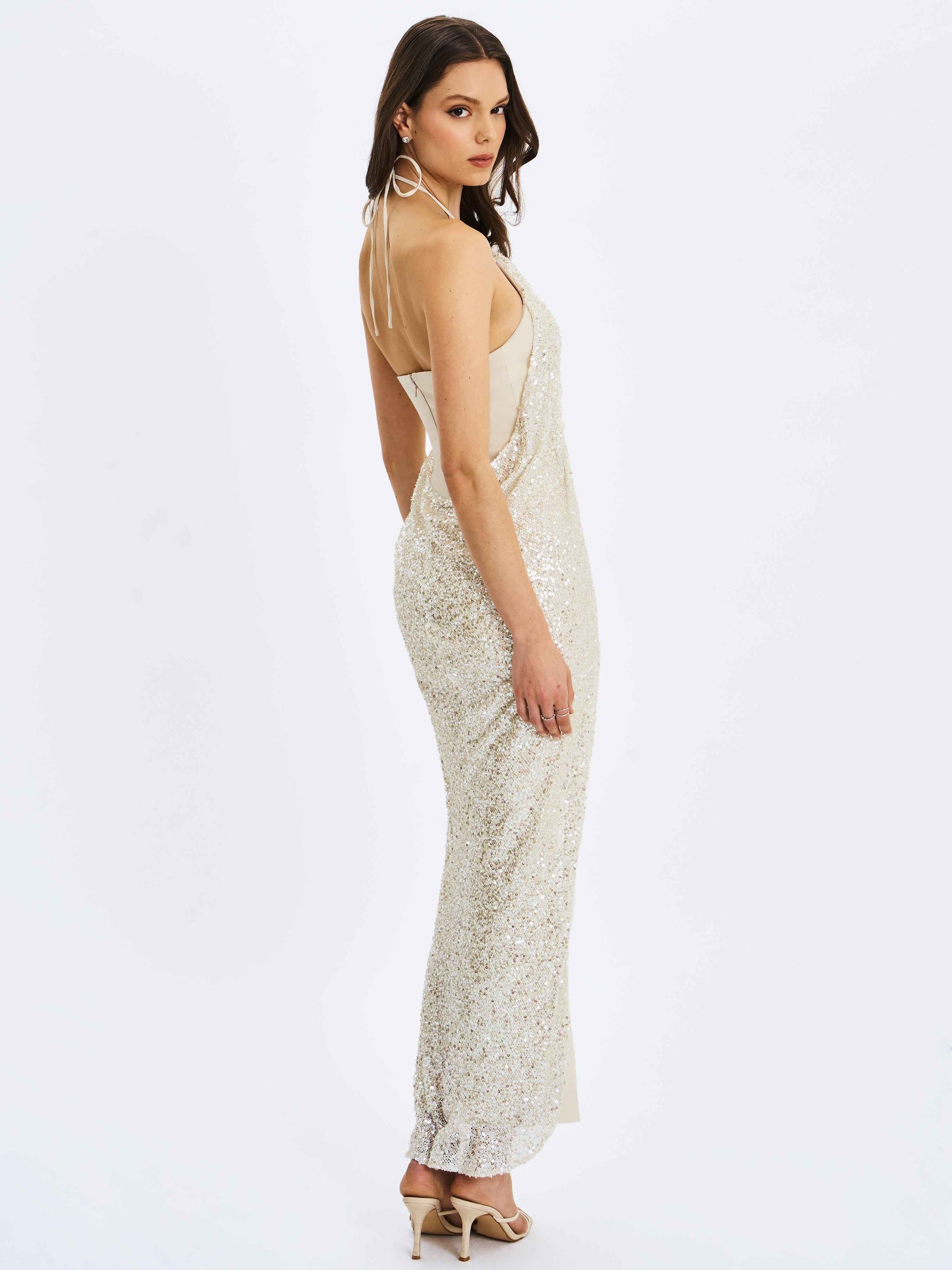 Quimera Almond Beaded Cape Halter Off-Shoulder Maxi Gown