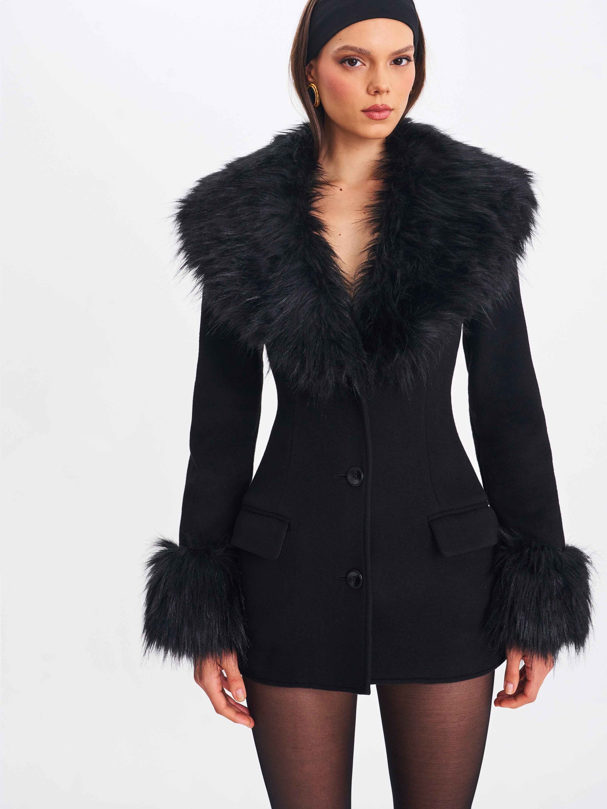 Hailee Black Single Breasted Wool Blend Mini Coat with Removable Fur Lapel