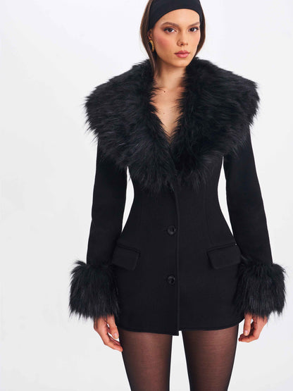 Hailee Black Single Breasted Wool Blend Mini Coat with Removable Fur Lapel