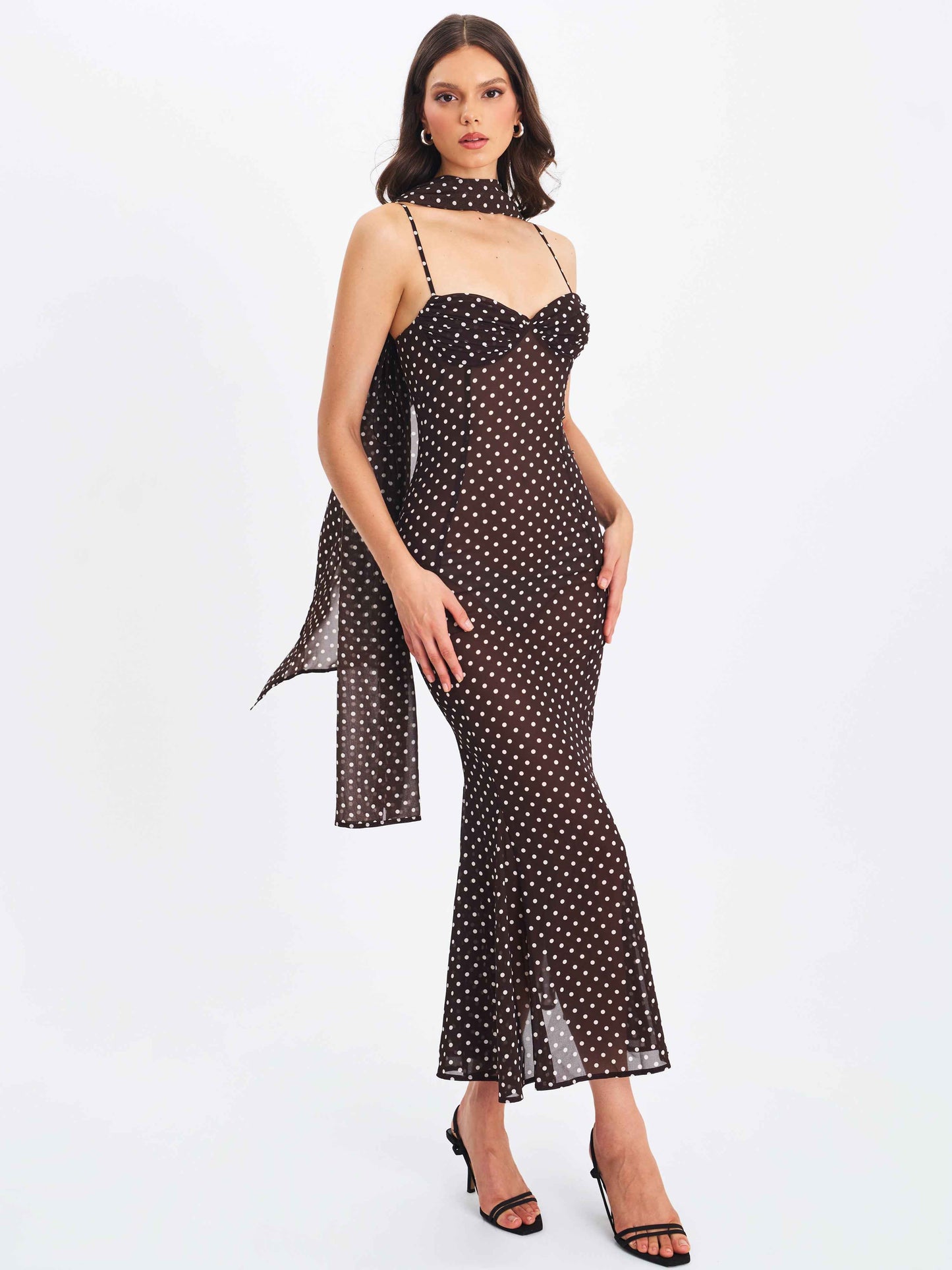 Yadira Brown Base Polka Dot Chiffon Maxi Dress