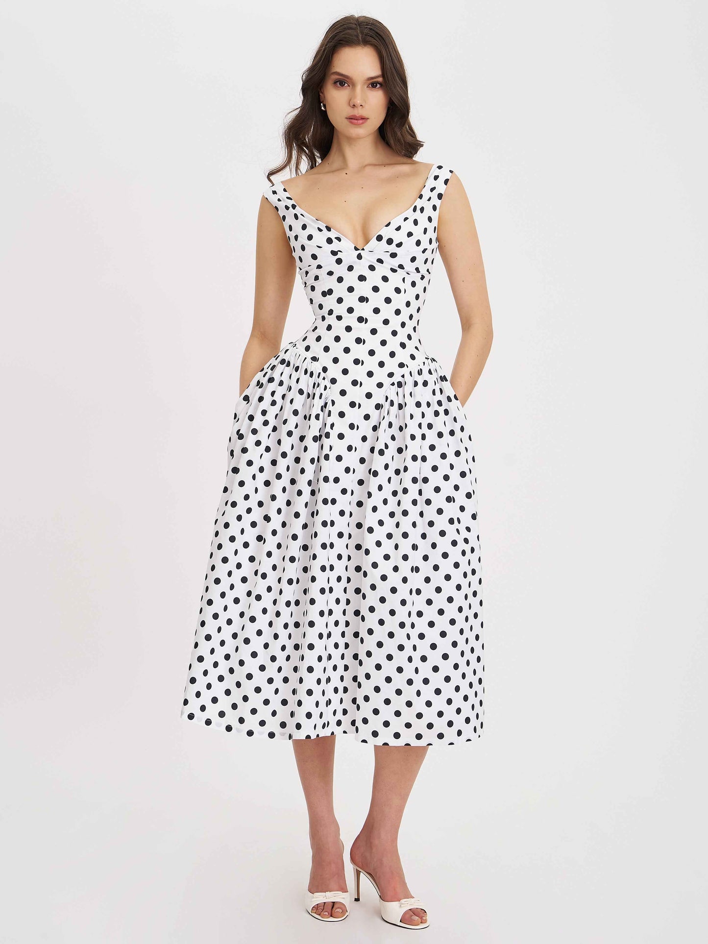 Rahma Polka Dot Drop Waist Midi Cotton Poplin Dress