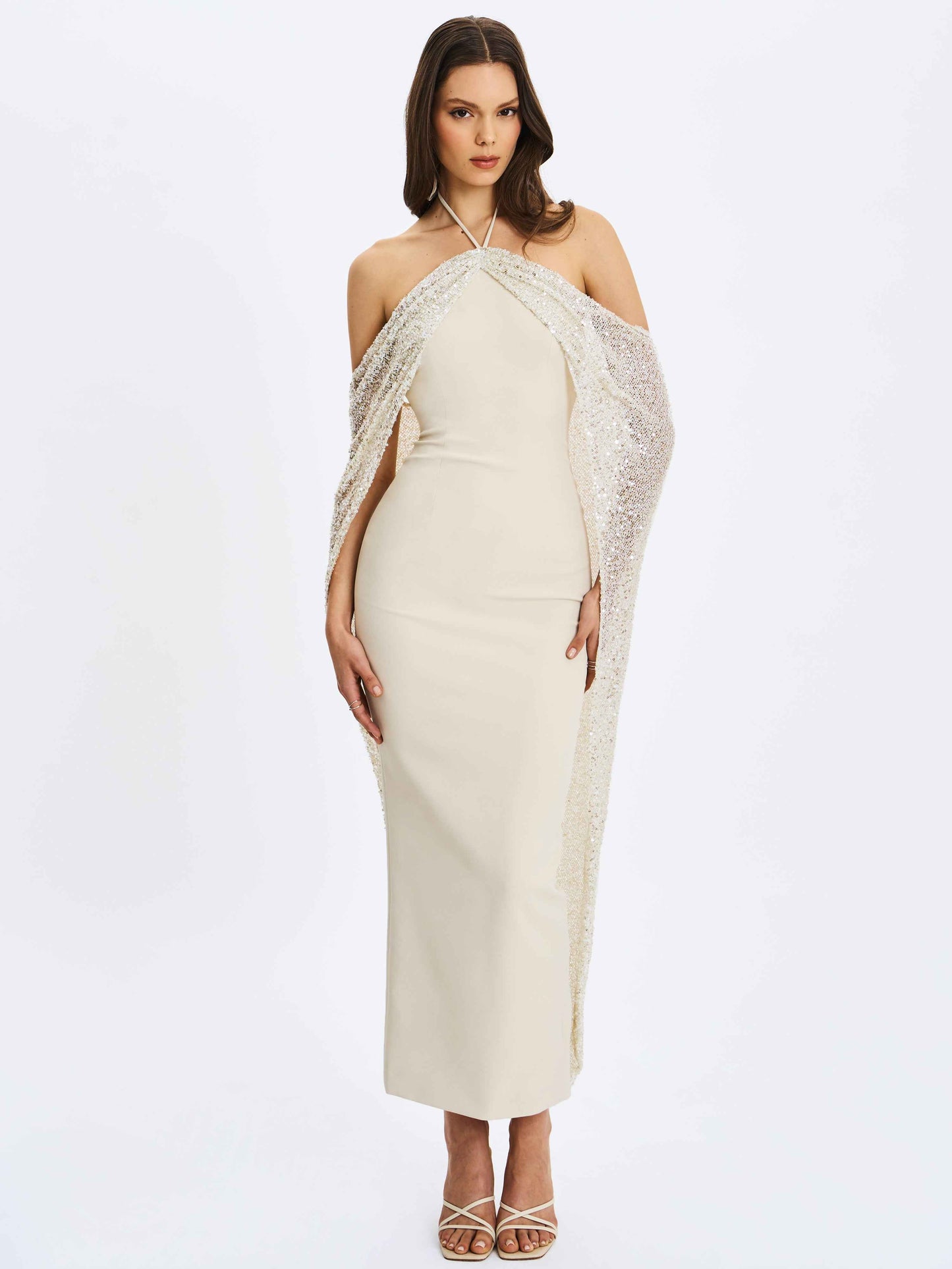 Quimera Almond Beaded Cape Halter Off-Shoulder Maxi Gown