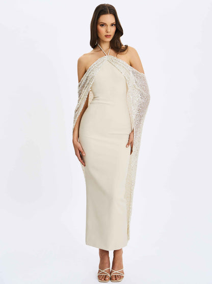 Quimera Almond Beaded Cape Halter Off-Shoulder Maxi Gown