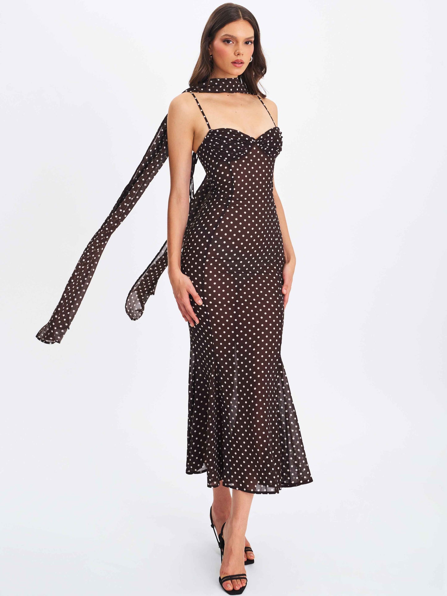 Yadira Brown Base Polka Dot Chiffon Maxi Dress