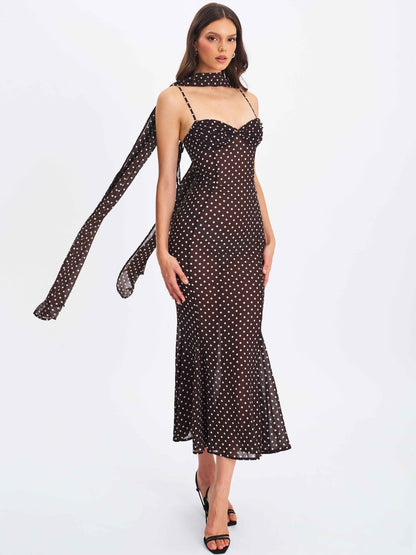 Yadira Brown Base Polka Dot Chiffon Maxi Dress