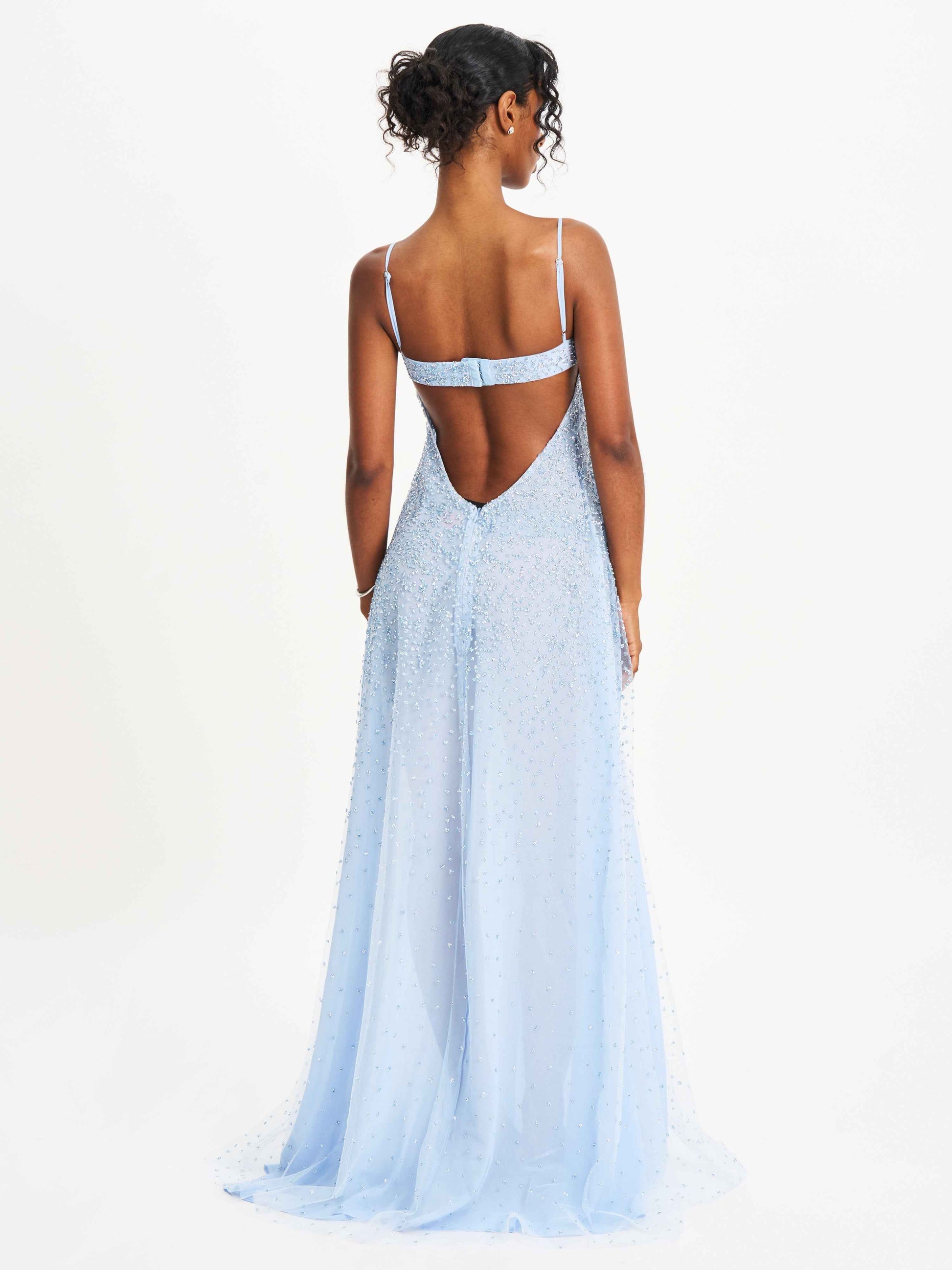 Wallie Baby Blue Rhinestone Embellished Mesh Backless Gown