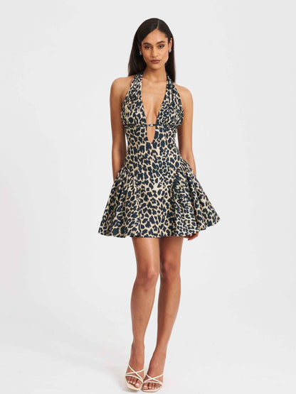 Mackenzie Cheetah Print Halter Linen Mini Dress