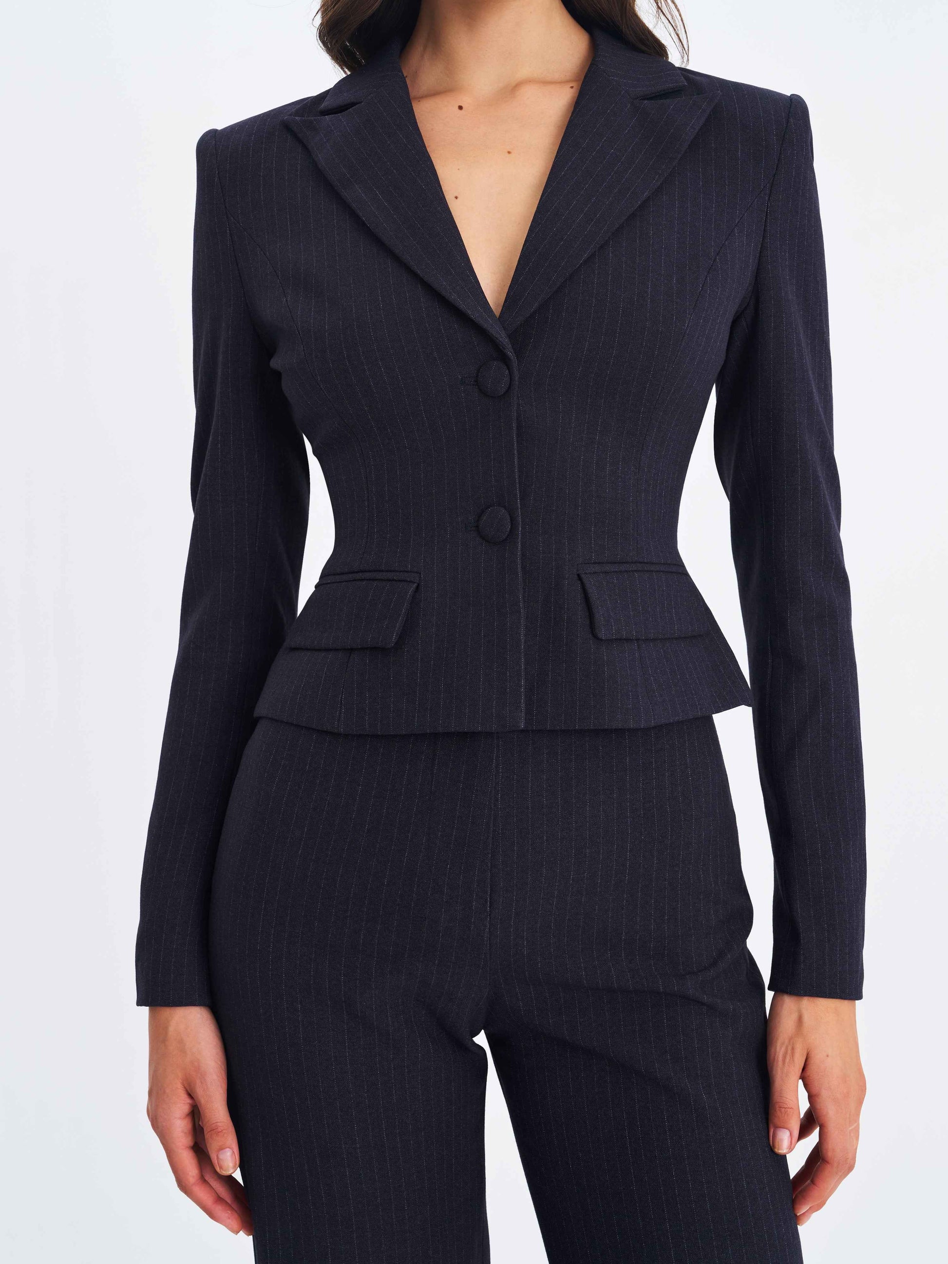 Quinne Navy Striped Single-Breasted Peplum Blazer