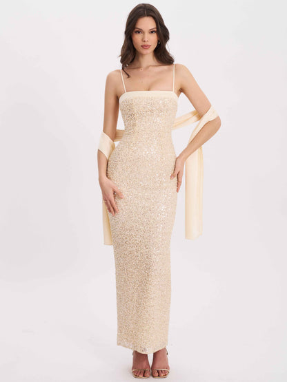 Raizel Gold Beaded Sequin Bodycon Gown with Scarf