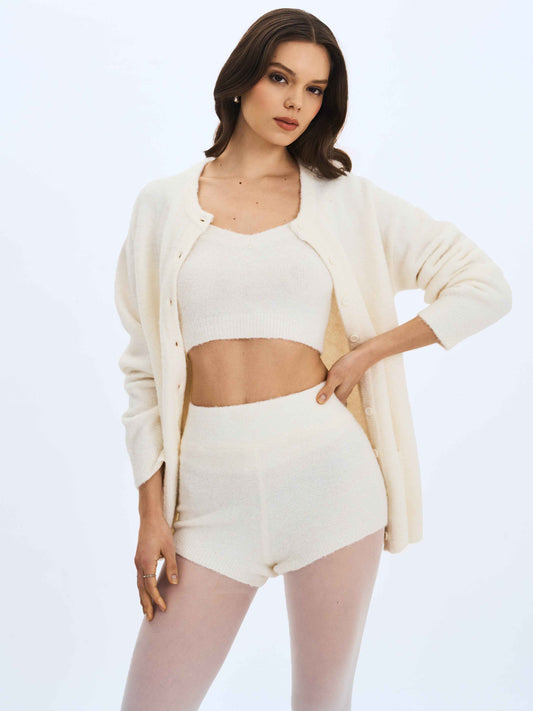 Sera White Wool-Blend Ribbed Knit Mini Shorts
