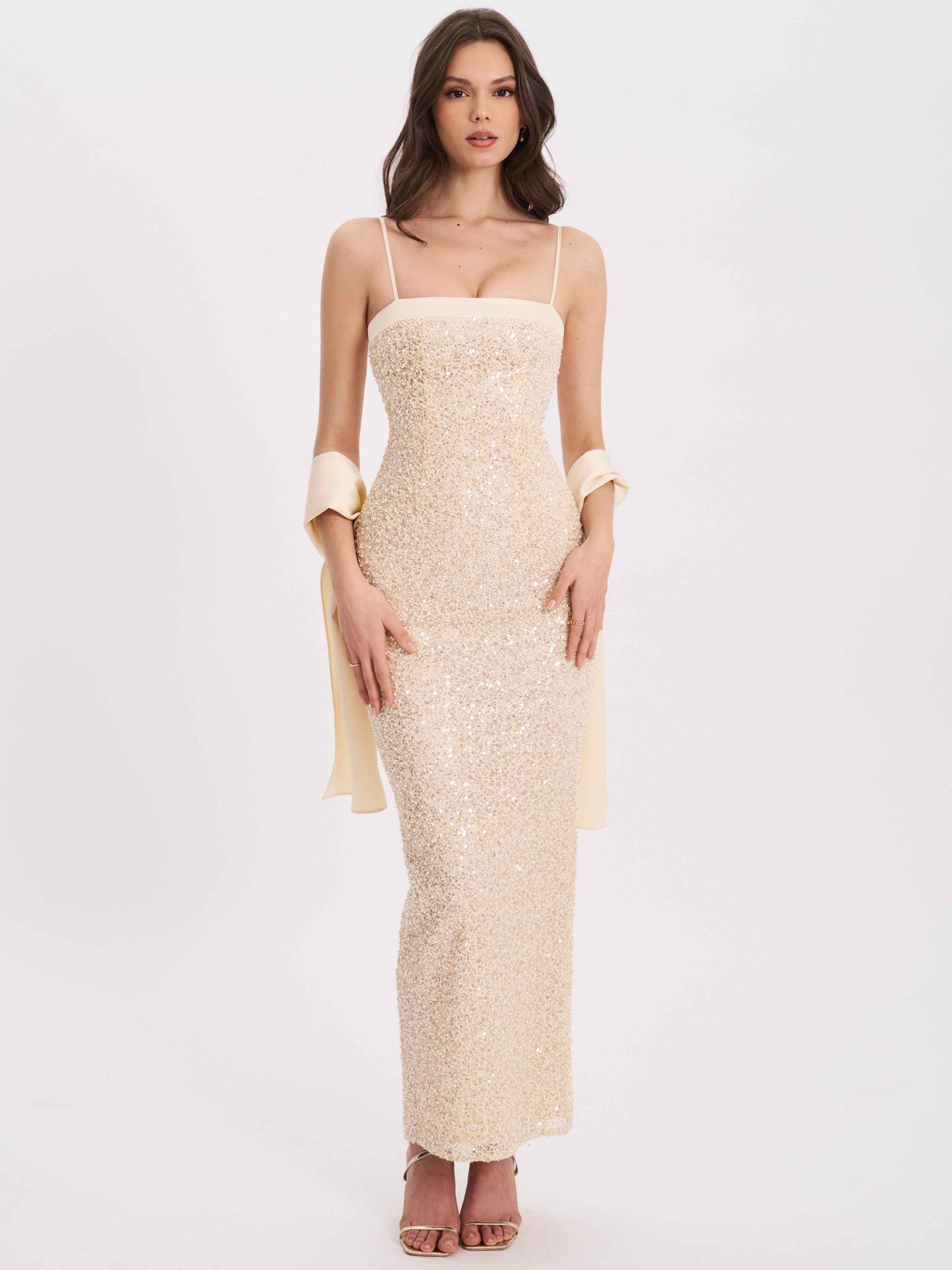 Raizel Gold Beaded Sequin Bodycon Gown with Scarf