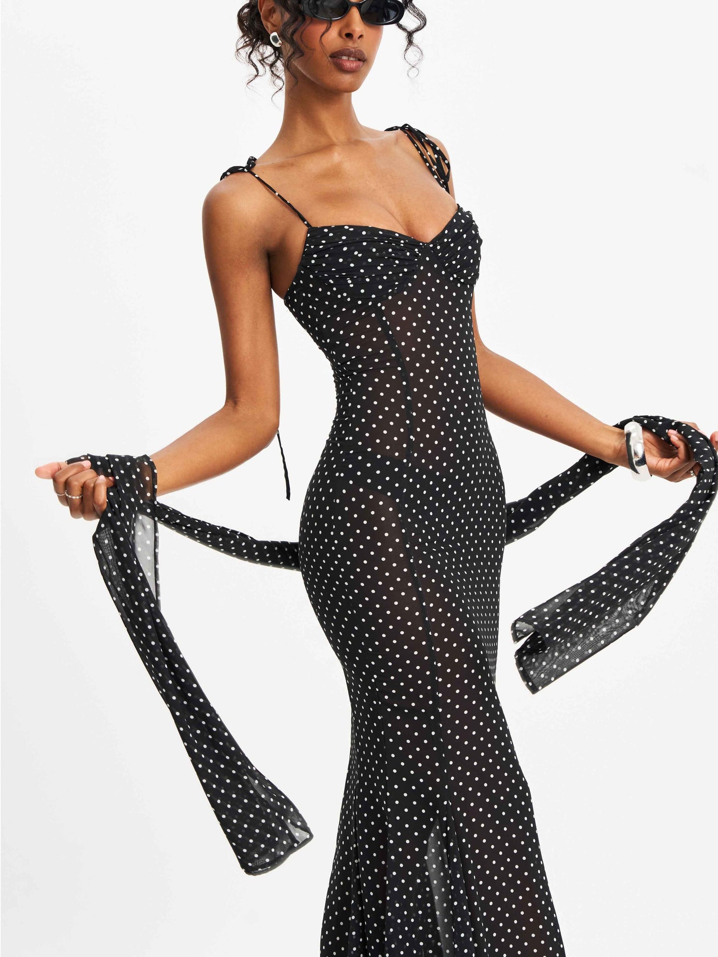 Yadira Black Base Polka Dot Chiffon Maxi Dress