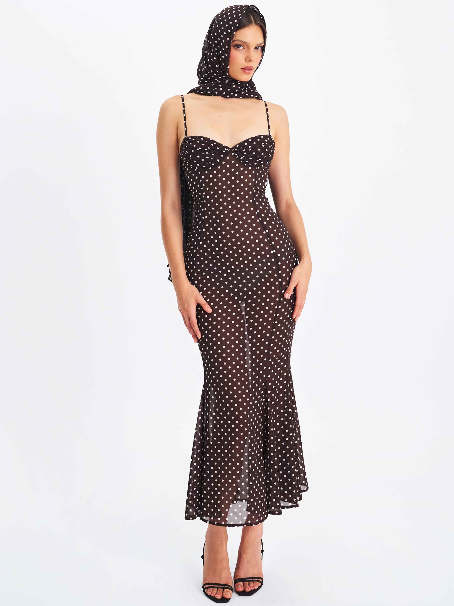 Yadira Brown Base Polka Dot Chiffon Maxi Dress
