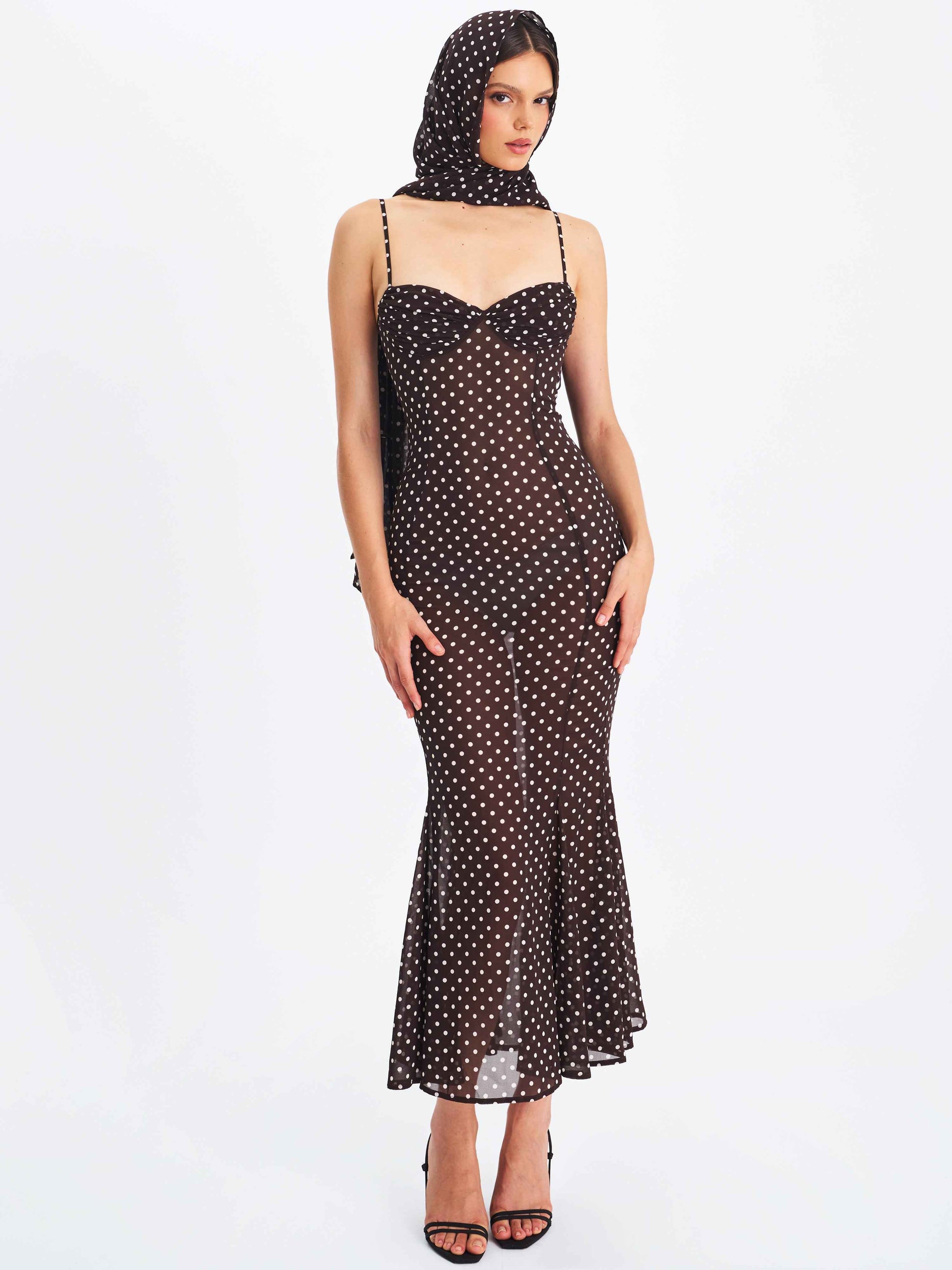 Yadira Brown Base Polka Dot Chiffon Maxi Dress