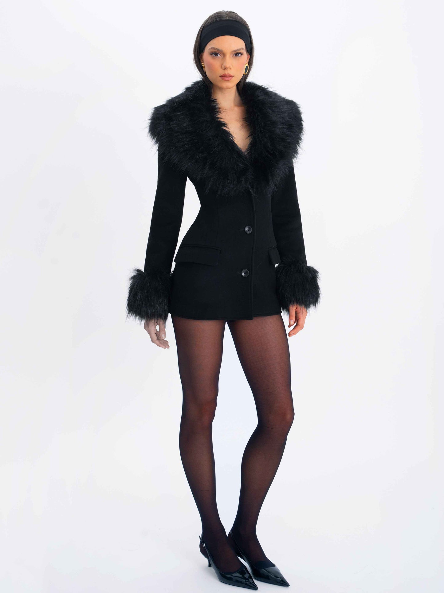 Hailee Black Single Breasted Wool Blend Mini Coat with Removable Fur Lapel