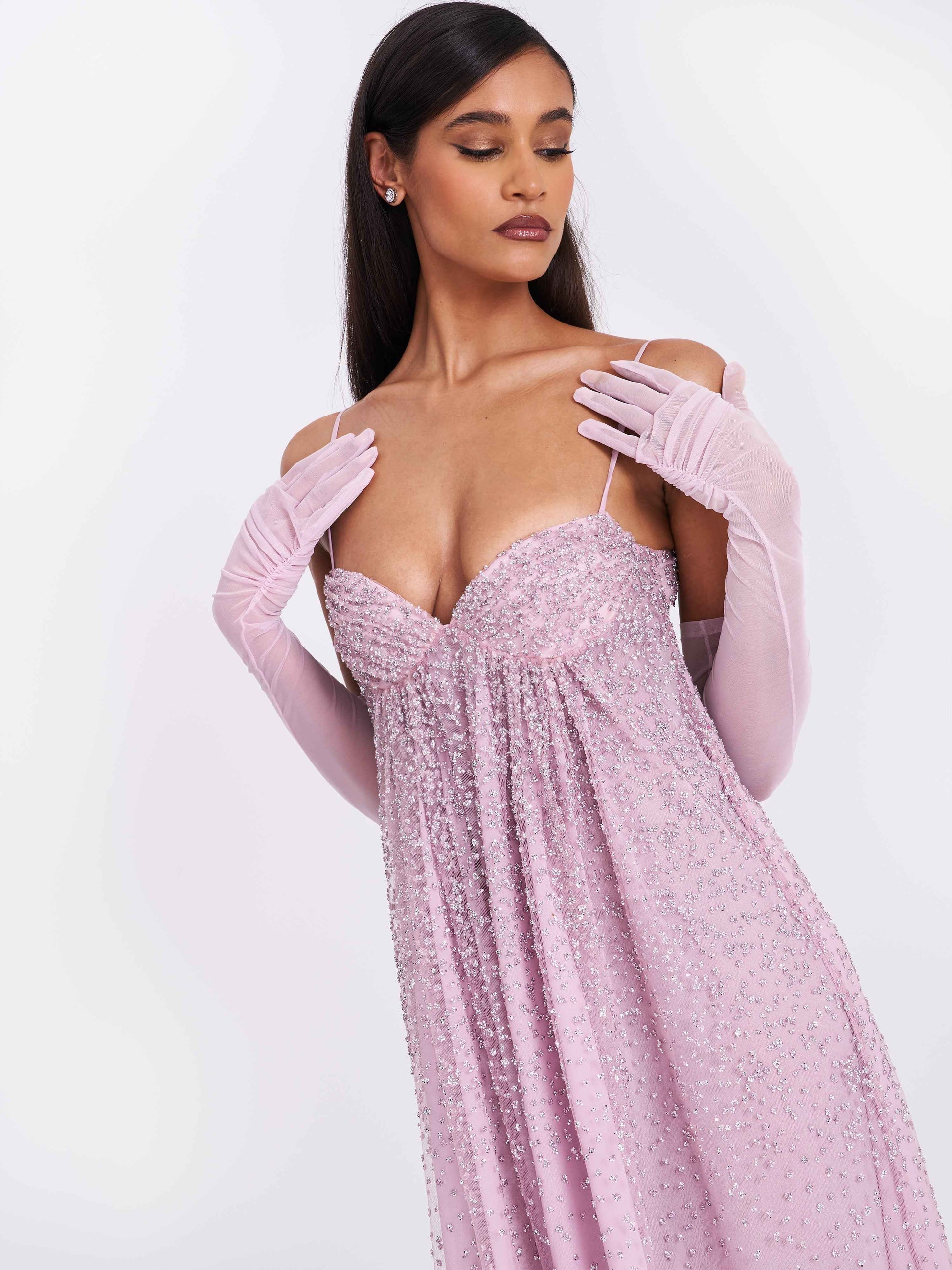 Wallie Pink Rhinestone Embellished Mesh Backless Gown