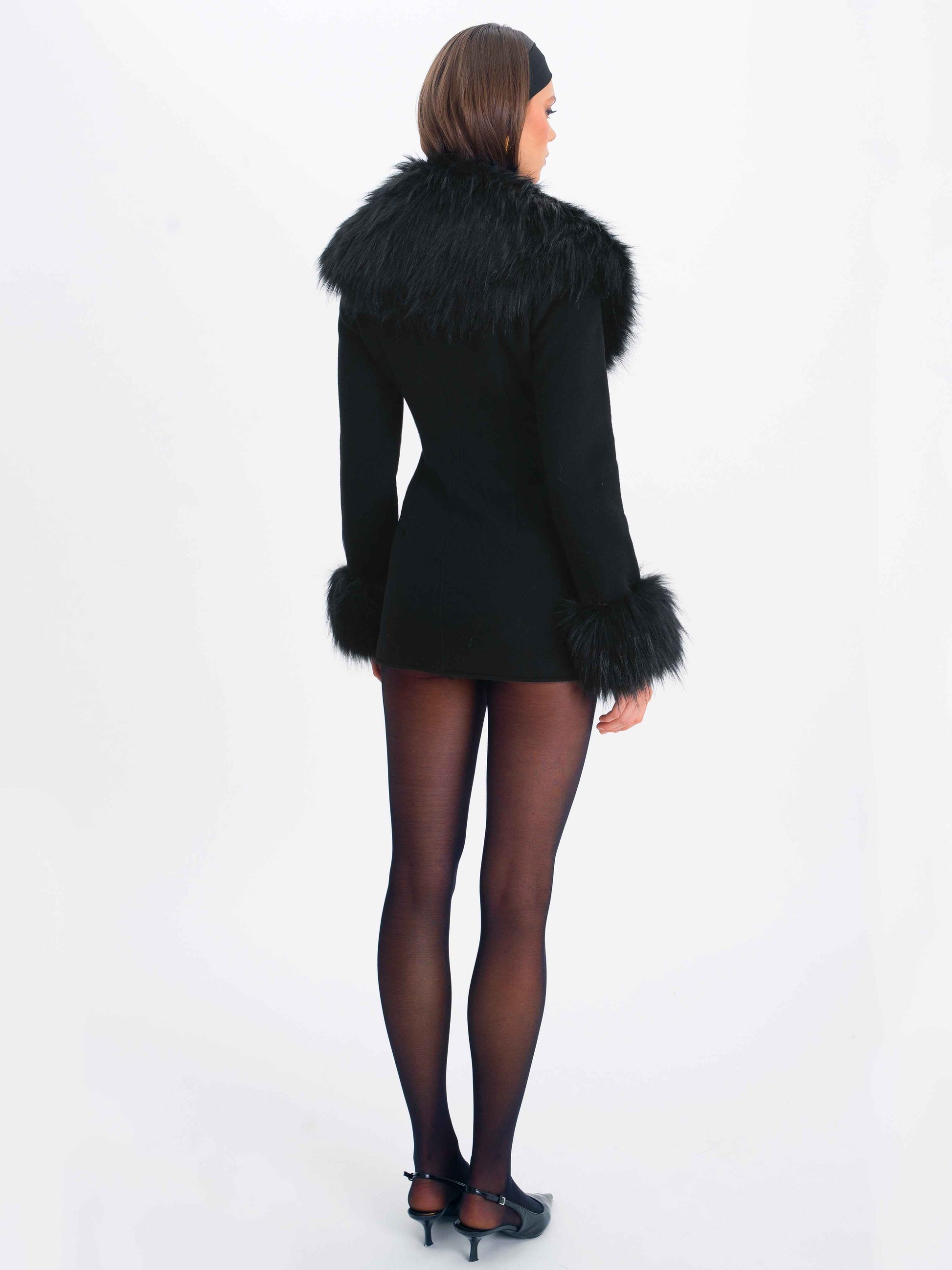 Hailee Black Single Breasted Wool Blend Mini Coat with Removable Fur Lapel