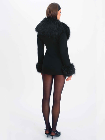 Hailee Black Single Breasted Wool Blend Mini Coat with Removable Fur Lapel