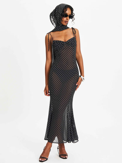 Yadira Black Base Polka Dot Chiffon Maxi Dress