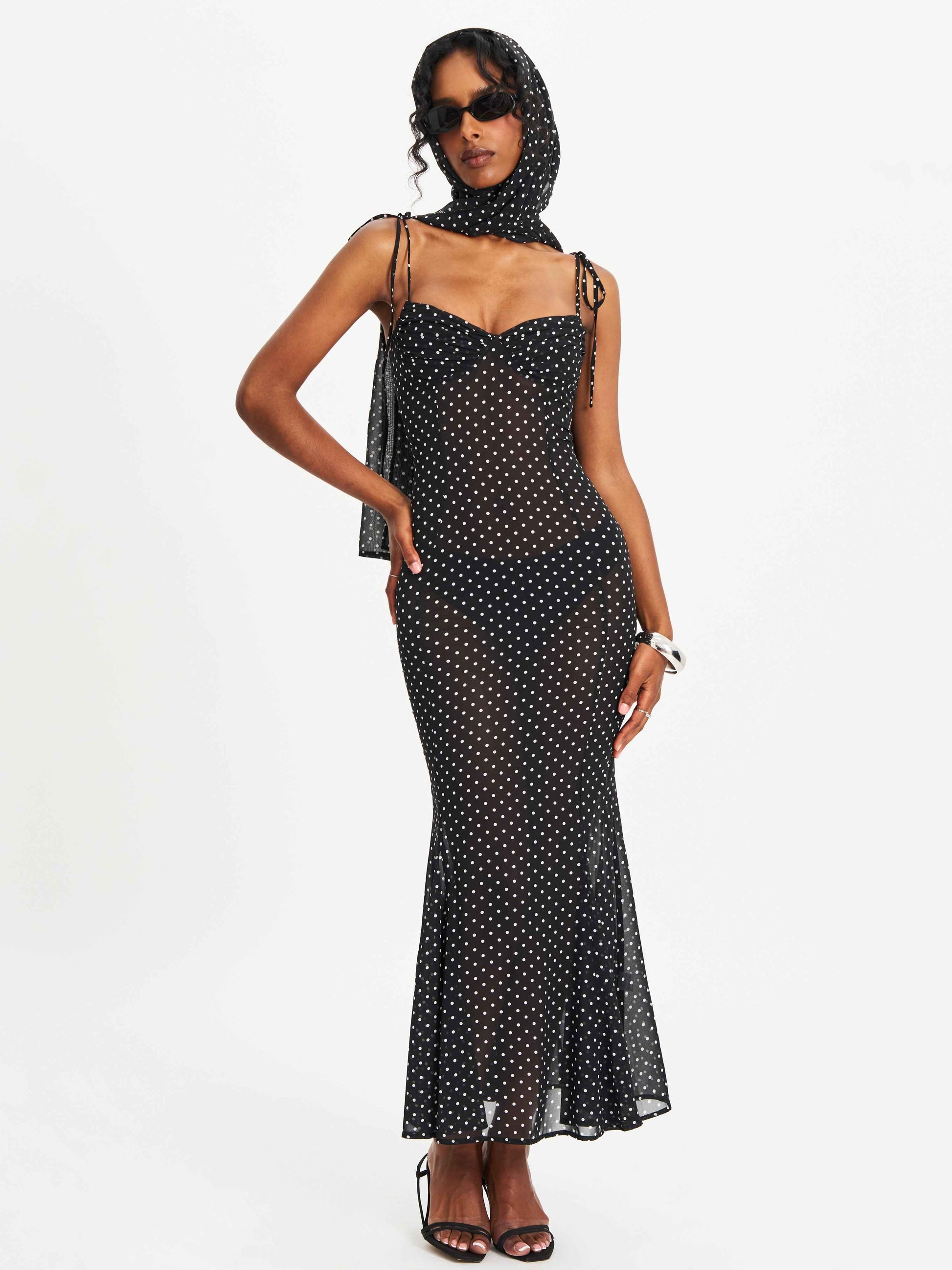 Yadira Black Base Polka Dot Chiffon Maxi Dress