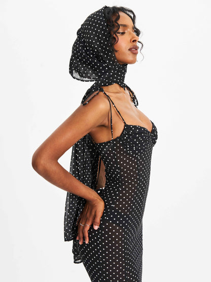 Yadira Black Base Polka Dot Chiffon Maxi Dress