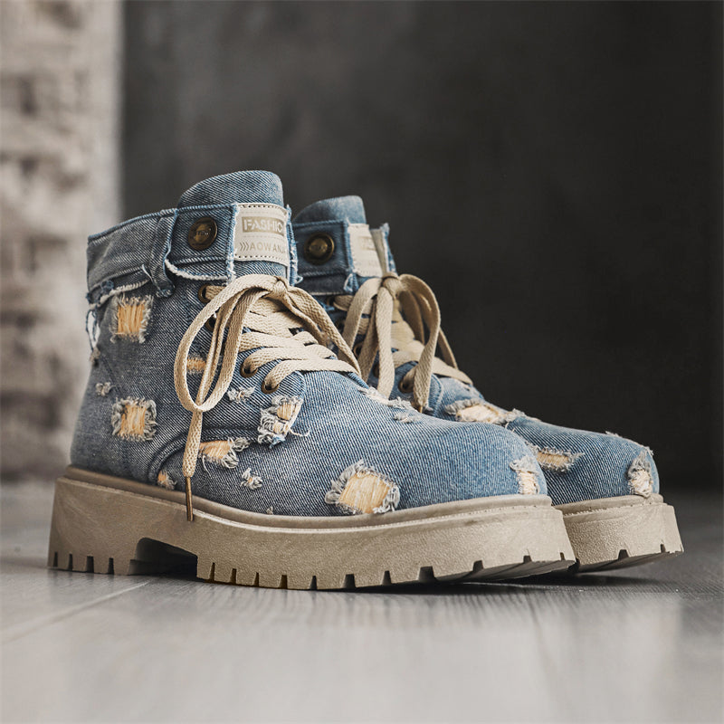 MLB LTHR-14 Distressed Denim Combat Boots - Sneakernational