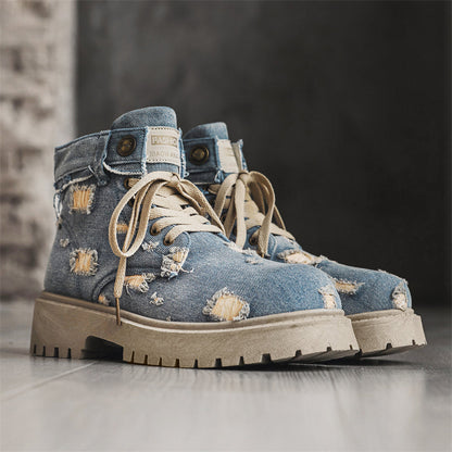 MLB LTHR-14 Distressed Denim Combat Boots - Sneakernational