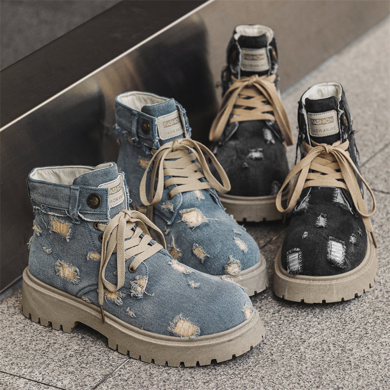MLB LTHR-14 Distressed Denim Combat Boots - Sneakernational