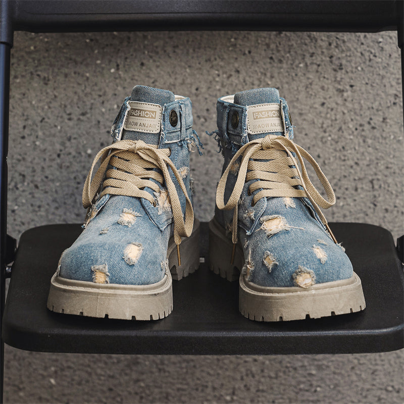 MLB LTHR-14 Distressed Denim Combat Boots - Sneakernational