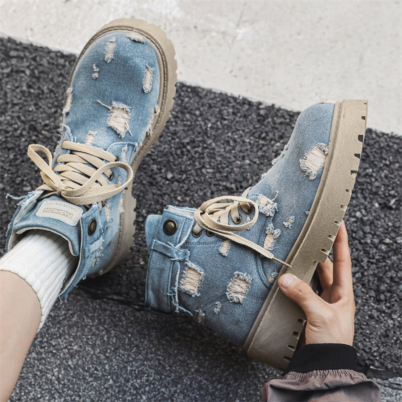 MLB LTHR-14 Distressed Denim Combat Boots - Sneakernational